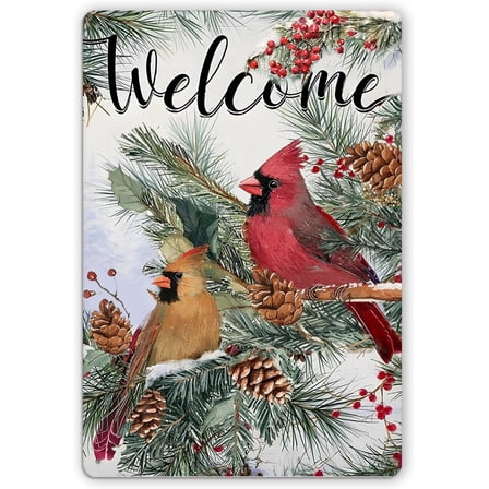Cardinal Decor Metal Poster, Welcome Winter Cardinal Wall Decor, Outdoor Winter Decorations, Vintage Christmas Wall Decoration Signs, Funny Metal Signs for Outside Decors, 12x8 inch
