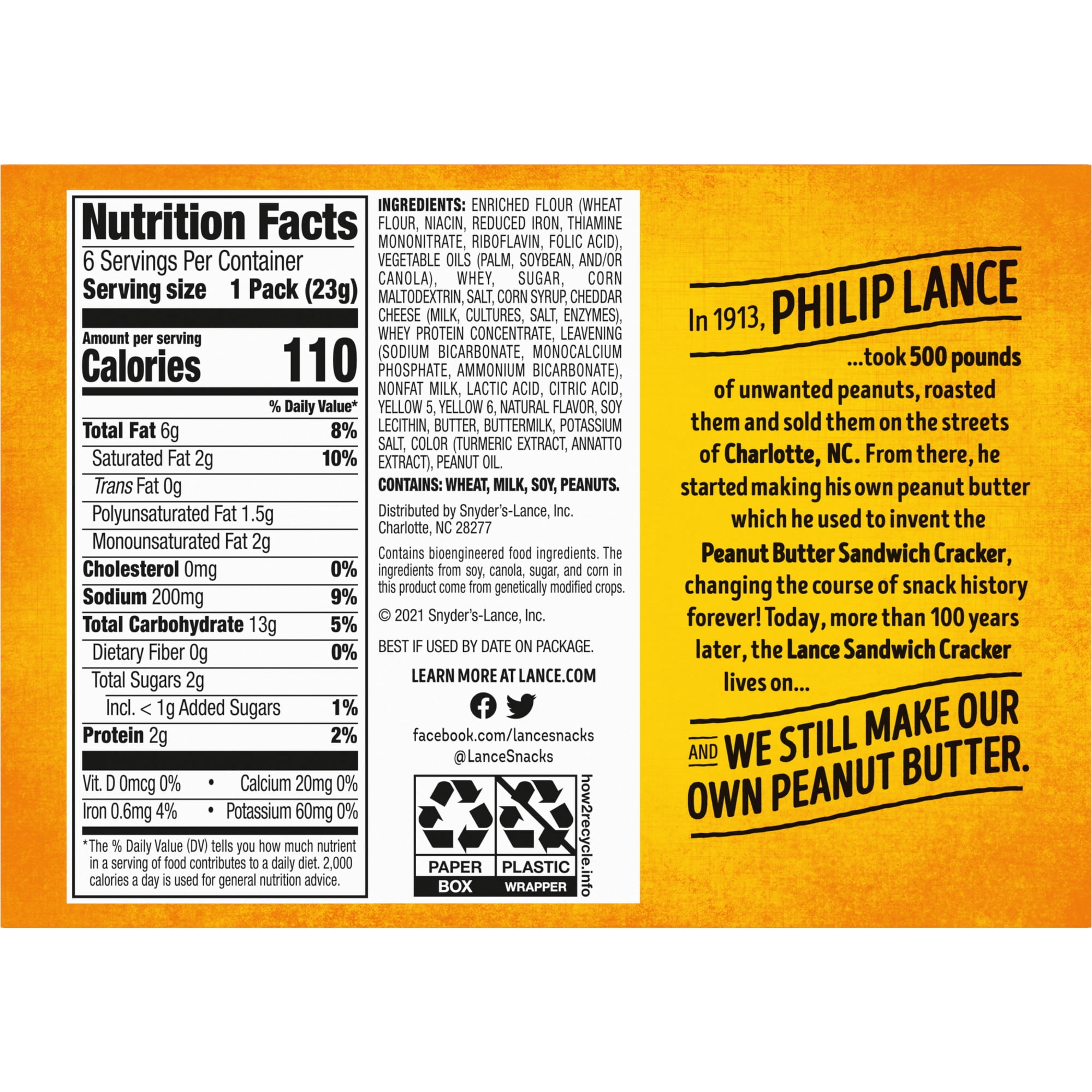 Lance Sandwich Crackers, Toasty Cheddar, 6 Individually Wrapped Packs, 4 Sandwiches Each