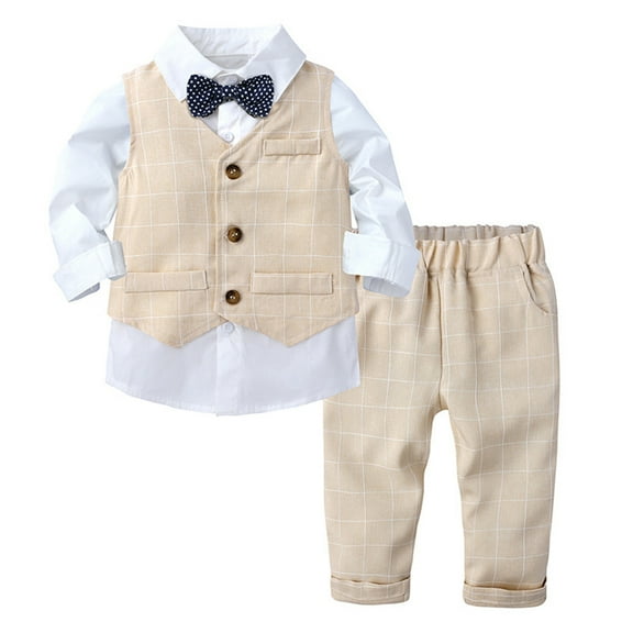 YUUMIN Baby Boys Gentleman Outfits Tuxedo Suit Long Sleeves Shirt V Neck Vest Long Pants with Bow Tie Beige 110