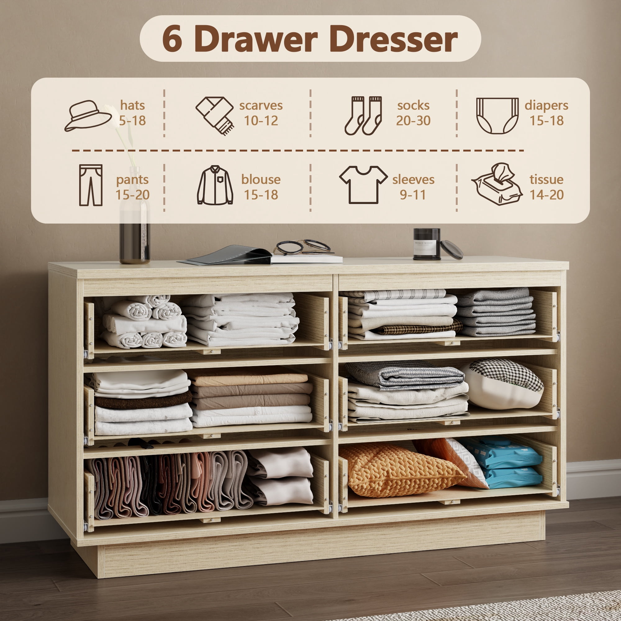 Satifur 6-Drawer Dresser, 47.2 Inch Wide Beech Wood TV Stand & Storage Cabinet for Living Room Bedroom