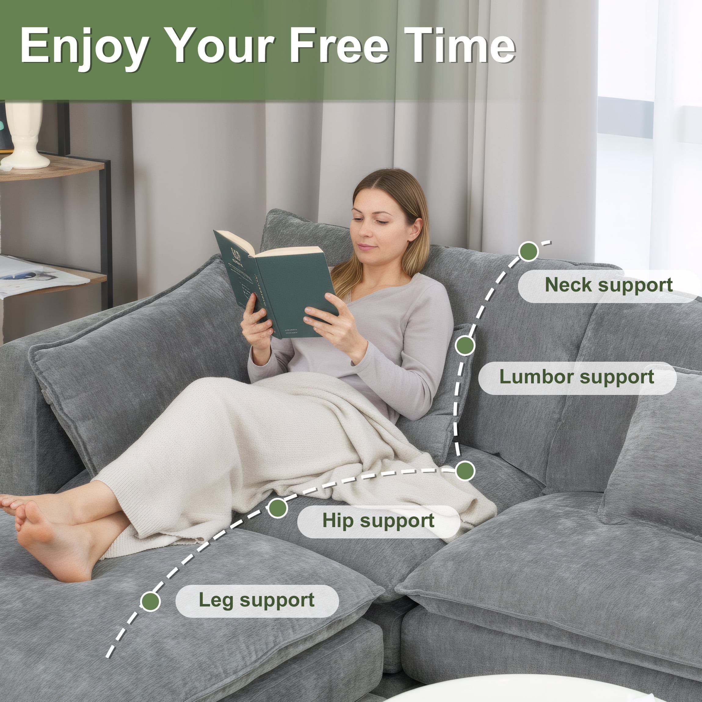 SOULART 144 U Shaped Couch Living Room Furniture - Gray Couch Cloud Modular Sectional Sofa with Ottoman, Chenille 6-Seat, Console & Cup Holders