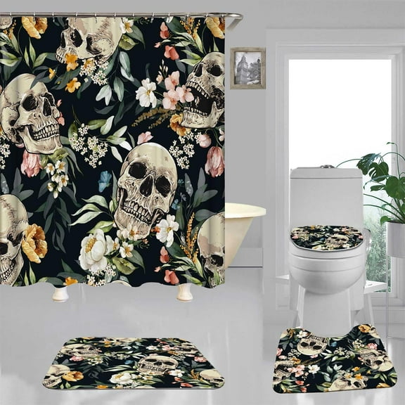 4PCS Sugar Skull Floral Shower Curtain Sets with Rugs, Waterproof Fabric Black Shower Curtain, Gothic Goth Scary Spooky Skeleton Red Rose Blossom Plant Botanical Leaves Flower Bathroom Decor