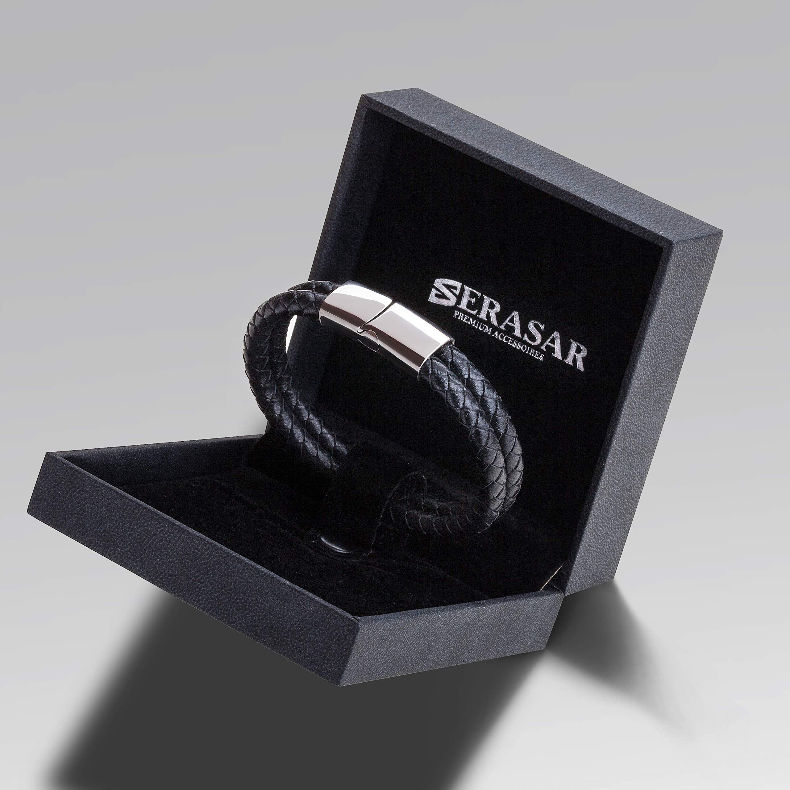 SERASAR Leather Bracelet for Men "Double" with stainless steel magnetic closure, Silver 23cm, including gift box