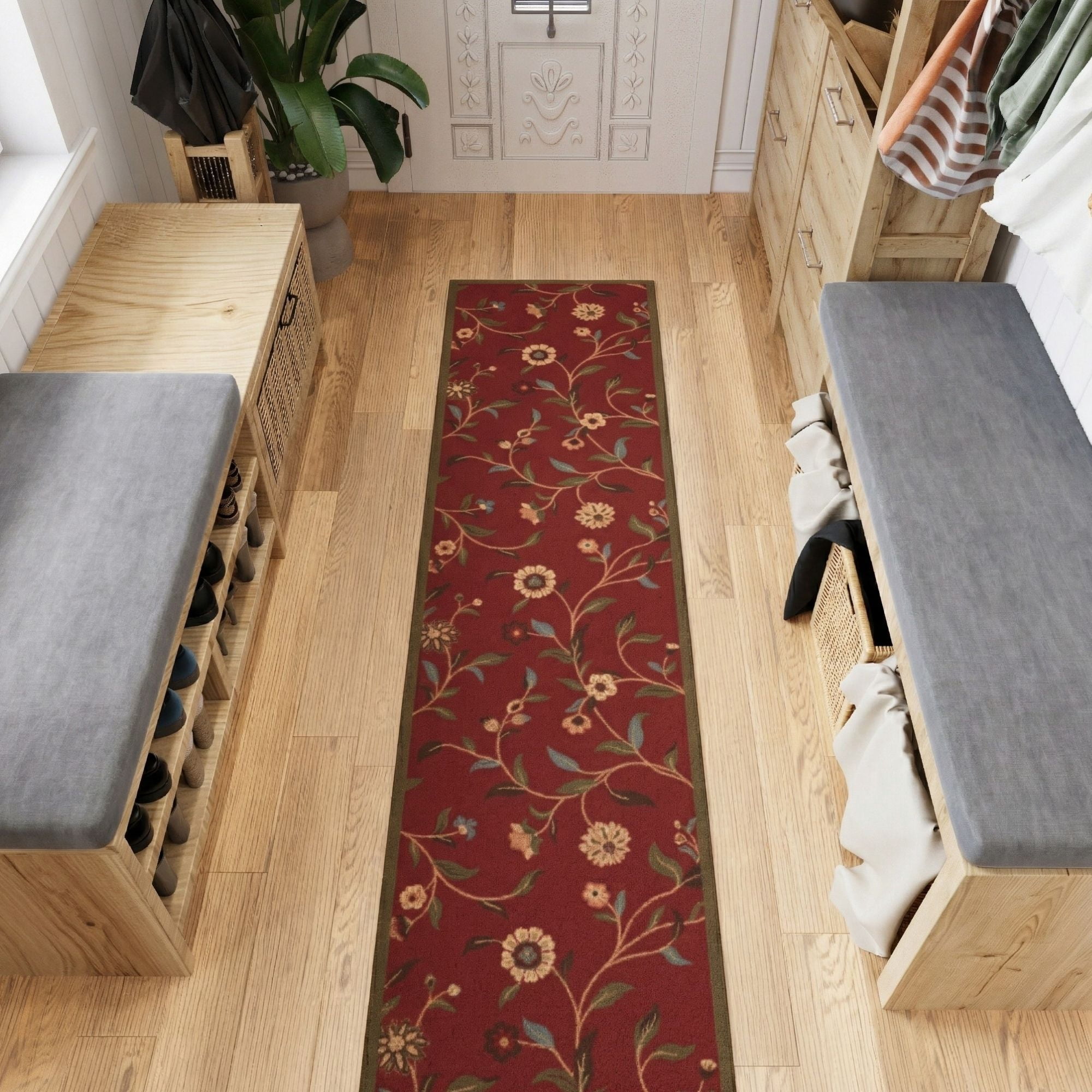 Ottomanson Extra Long Runner Rug 1'10.5" x 33' – Non-Slip Low Pile Hallway Carpet, Floral Red