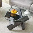 thumbnail image 2 of PORKISS Coffee Table, Glass Round Coffee Table for Living Room with Wood Legs, 33.4" Farmhouse Tea Table for Apartments, Reception Rooms, Center Table, Gray, 2 of 11