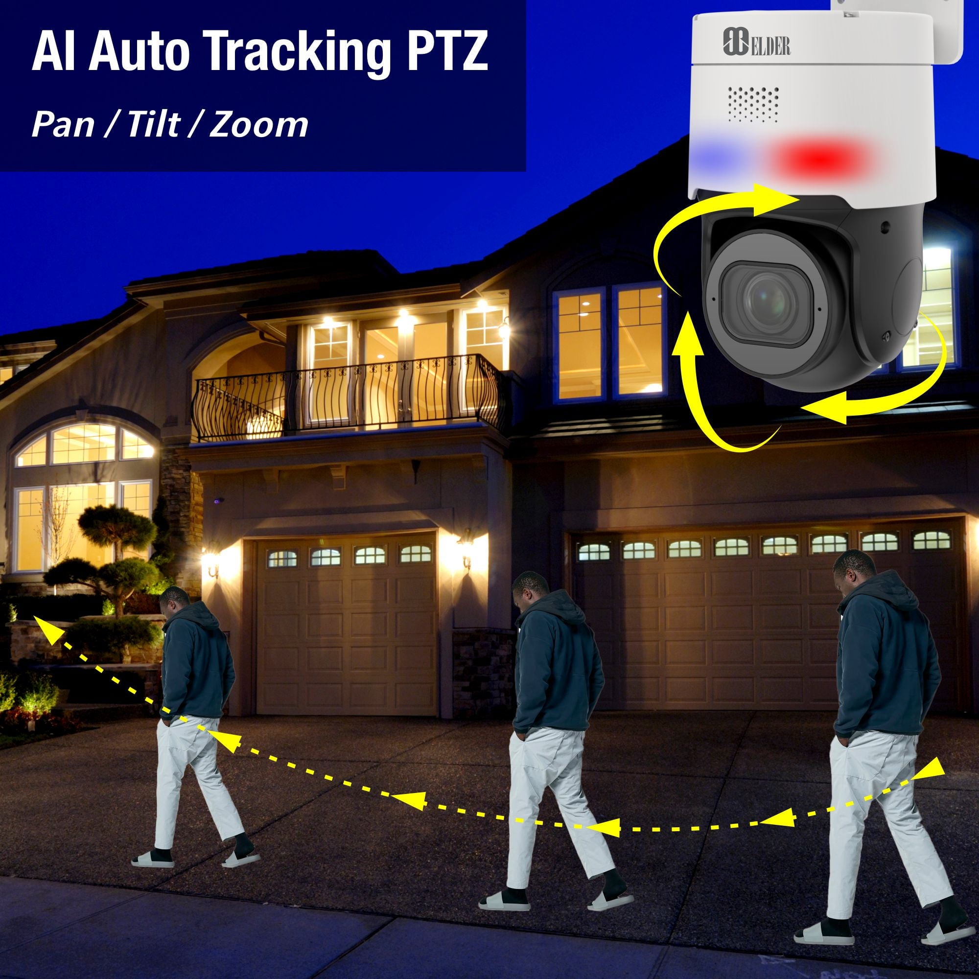 Elder AI Security Camera System PTZ 12MP NVR 8Ch PoE, 5-Camera 4K 30FPS Dual-Light Outdoor 3TB, Sony Sensor & NDAA, Face & License Plate, Full Color Surveillance Wired NocVU Series