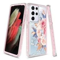 Samsung Galaxy S21 Ultra 5G Case, Rosebono Graphic Design Shockproof Impact Resistant Protective Full-Body Rugged Clear Hybrid Bumper Case for Samsung Galaxy S21 Ultra 5G (Pink Flower)