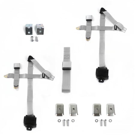 SafeTBoy Airplane 3 Point Gray Retractable Bench Seat Belt Kit with Bracketry & 3 Belts for 1947-1954 Chevy Truck