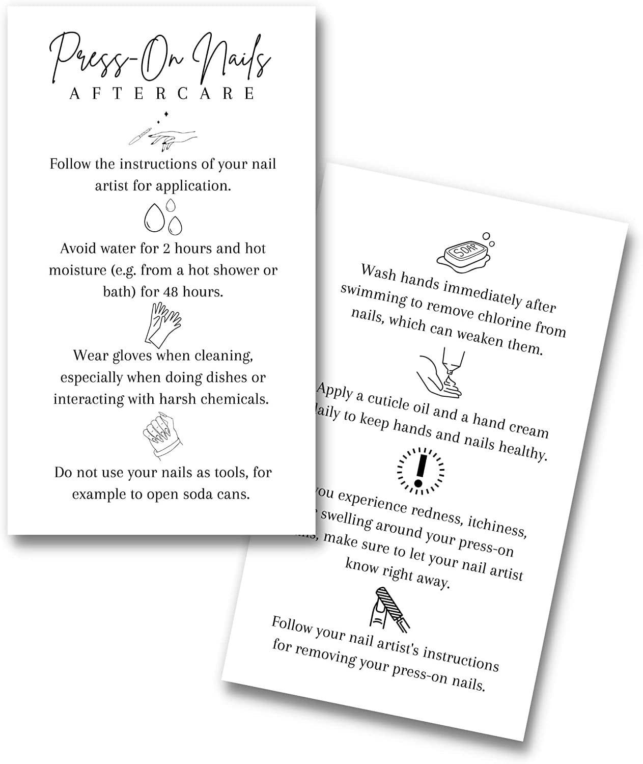 Press On Nail Aftercare Cards 50 Pack 2x3.5" inch Business Card Size