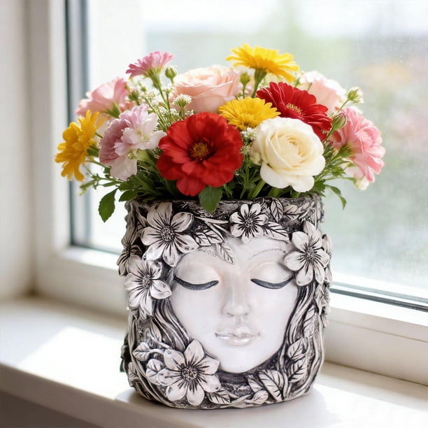 Maceta con forma de cara de flor, maceta para plantas, escultura decorativa, contenedor de regalo, estatua de resina para mesa de cocina, centro de