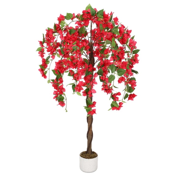 EcoSummer 4FT Artificial Bougainvillea Tree with Vibrant Red Flowers, Faux Tall Bougainvillea Plant with Natural Wood Trunk for Indoor Outdoor Decor
