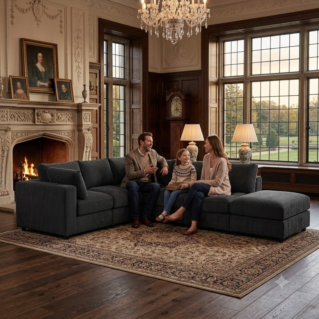 Howcool Cloud Couch Modular Sectional Sofa 6 Seat 122" L Shaped Reversible Convertible Couch, Corduroy Thick Cushion with Movable Ottomans, Washable Removable Cover for Living Room,Black
