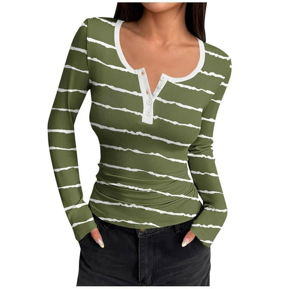 VgaVtl Women T Shirt Fall Winter Long Sleeve Womens Tops Leisure Striped Green Slim Layering Workout Shirts,S