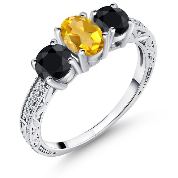 Gem Stone King 2.25 Ct Oval Yellow Citrine Black Sapphire 925 Sterling Silver Ring (Size 7)