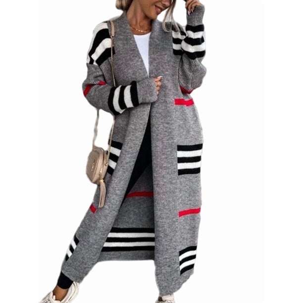 Suéter Cárdigan Vintage de Punto A Rayas con Mangas Largas y Bolsillos para Mujer. Gris L