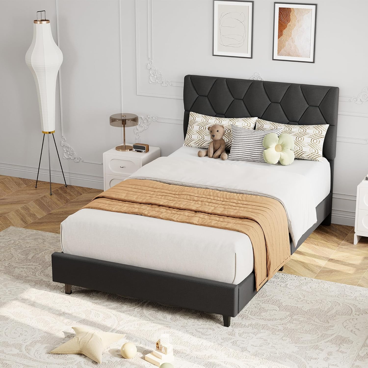 IDEALHOUSE Grey Twin Bed Frame with Upholstered Headboard, Heavy-Duty Platform Bed Frame with Strong Wood Slats, No Box Spring Needed/Noise Free/Easy Assembly