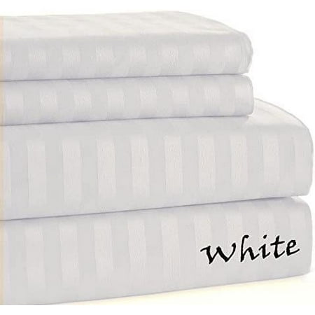 500 TC Eco Friendly Quality Sheet Set - 4-Pieces Egyptian Cotton - Striped COLORS - Full Size - Striped Colors { White } Fit Pocket 30" Inches By KM LINEN