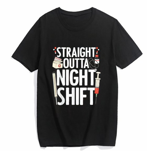 Night Shift Nurse For Women Emergency Registered Nurse Tee Casual Short-sleeved O-neck Top Black X-Large
