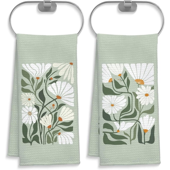 Set of 2 Sage Green Boho Floral Kitchen Towels Abstract 70s Retro Groovy Daisy Flower Hand Towels for Bathroom Kitchen Decor, Botanical Floral Dish Tea Towels, 16x24 Inches