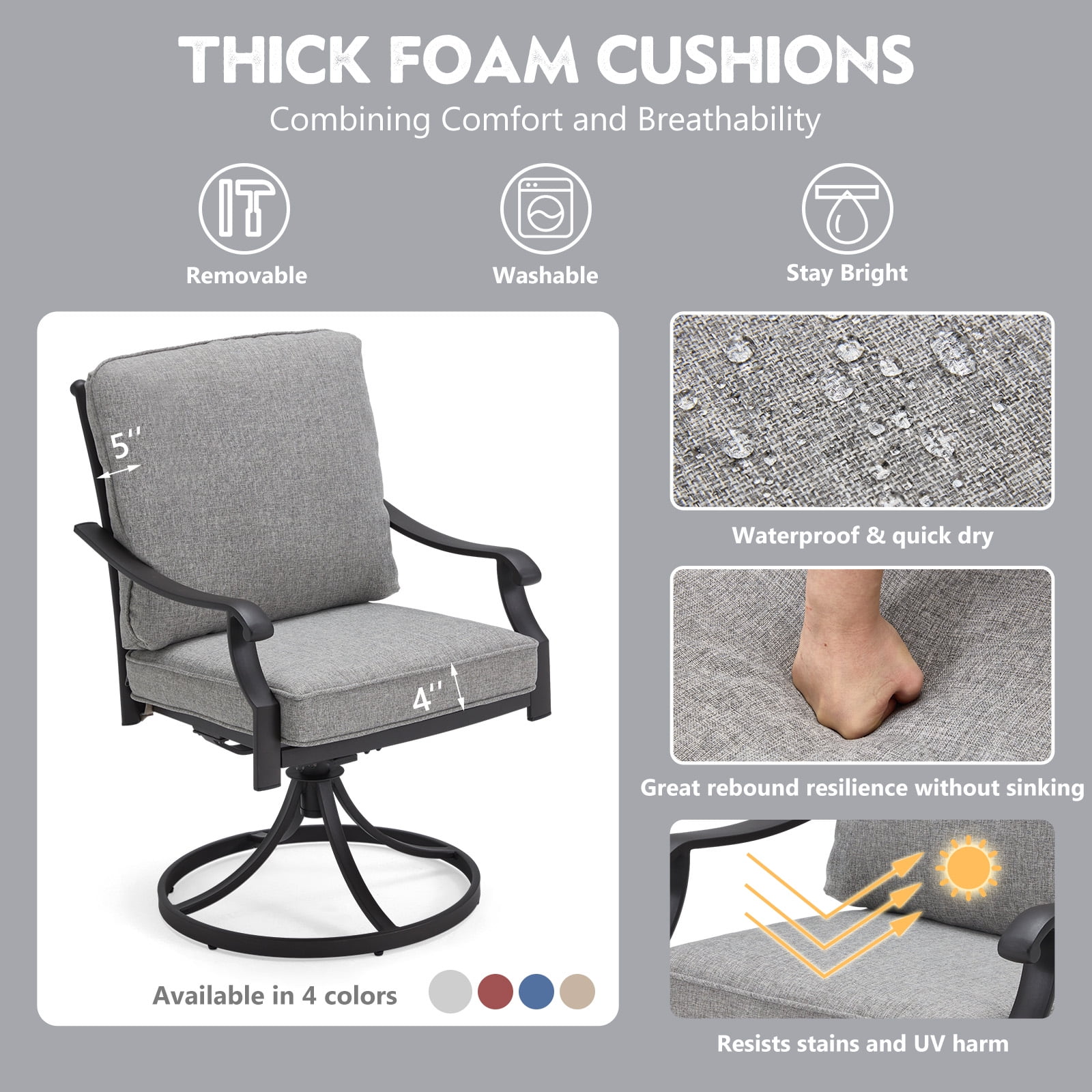 MELLCOM Patio Swivel Chair Set of 2, Heavy Duty Outdoor Dining Chairs with Thickened Cushions, Metal Patio Chairs Gentle Rocker for Outside, Garden Lawn & Porch, Backyard, Grey