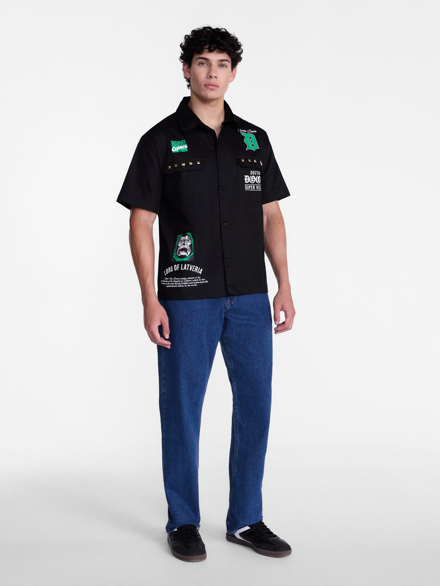 Dr. Doom Men's and Big Men's Mechanic Shirt with Short Sleeves, Stud Detail, Sizes XS-3XL