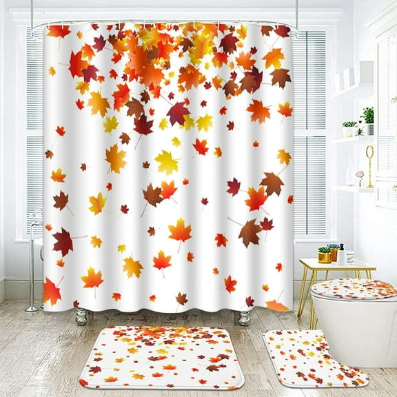 Autumn Falling Maple Bathroom Set with Shower Curtain and Rugs Accessories, Leaves Nature Warm Farmhouse Shower Curtain Set, Fall Shower Curtain for Bathroom Decor 4 Pcs