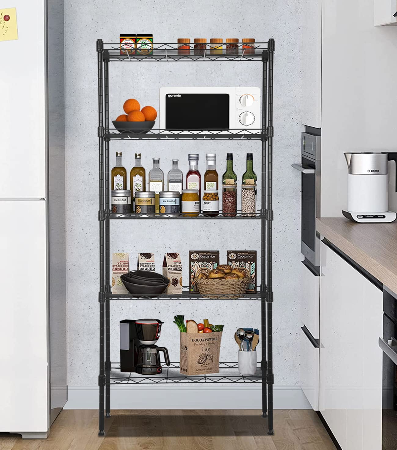 5-Tier Shelving Unit Adjustable Metal Shelves 48" H Storage Rack Wire Shelf for Pantry Kitchen Closet Organization Space Saving, 750LB Capacity, 21.5D x 11.6W x 47.6H, Black
