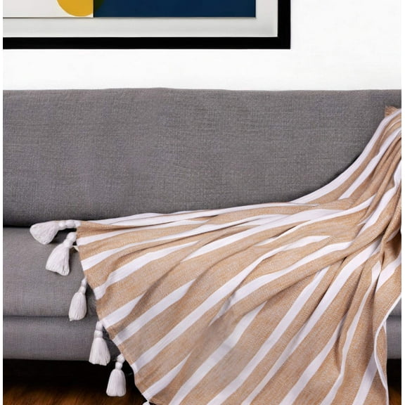 50" X 60" Gold and Ivory Woven Cotton Striped Throw Blanket with Tassels