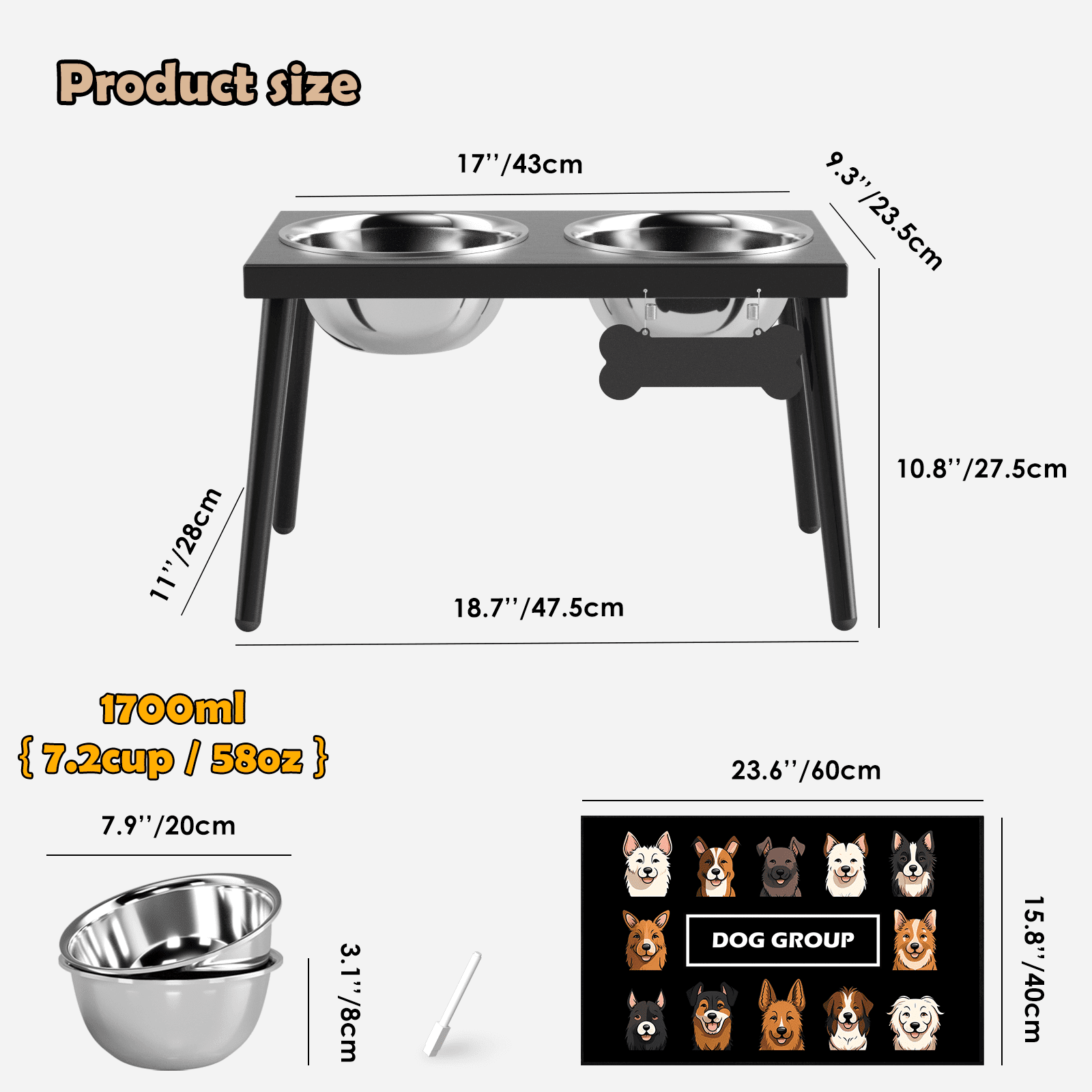 SHAINFUN Metal Raised Dog Bowl Stand for Breed, 10" Tall Dog Feeder with Sprill Proof Mat (58OZ-Stainless Steel Dog Bowls, Mat-16x24)