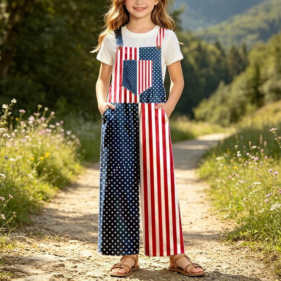 Tisuna Kids 4Th Of July Suspenders Romper Jumpsuit American Flag Gradient Print Overalls Tweens Celebration 250 Years Of Freedom USA Patriotic Outfits Red Size 5-6 Years