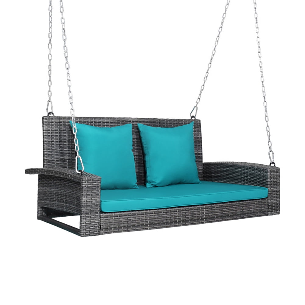 Aimee Lii 2-Person Patio PE Wicker Hanging Porch Swing Bench Chair Cushion 800 Pounds, Outdoor Patio Furniture, Turquoise