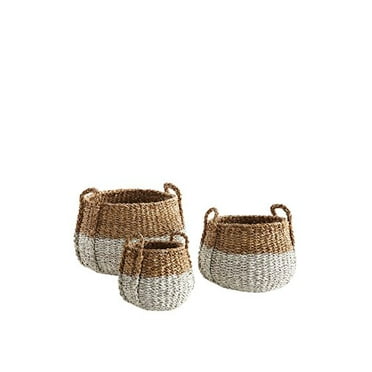 Seagrass Round Basket with Handle, Natural/White,