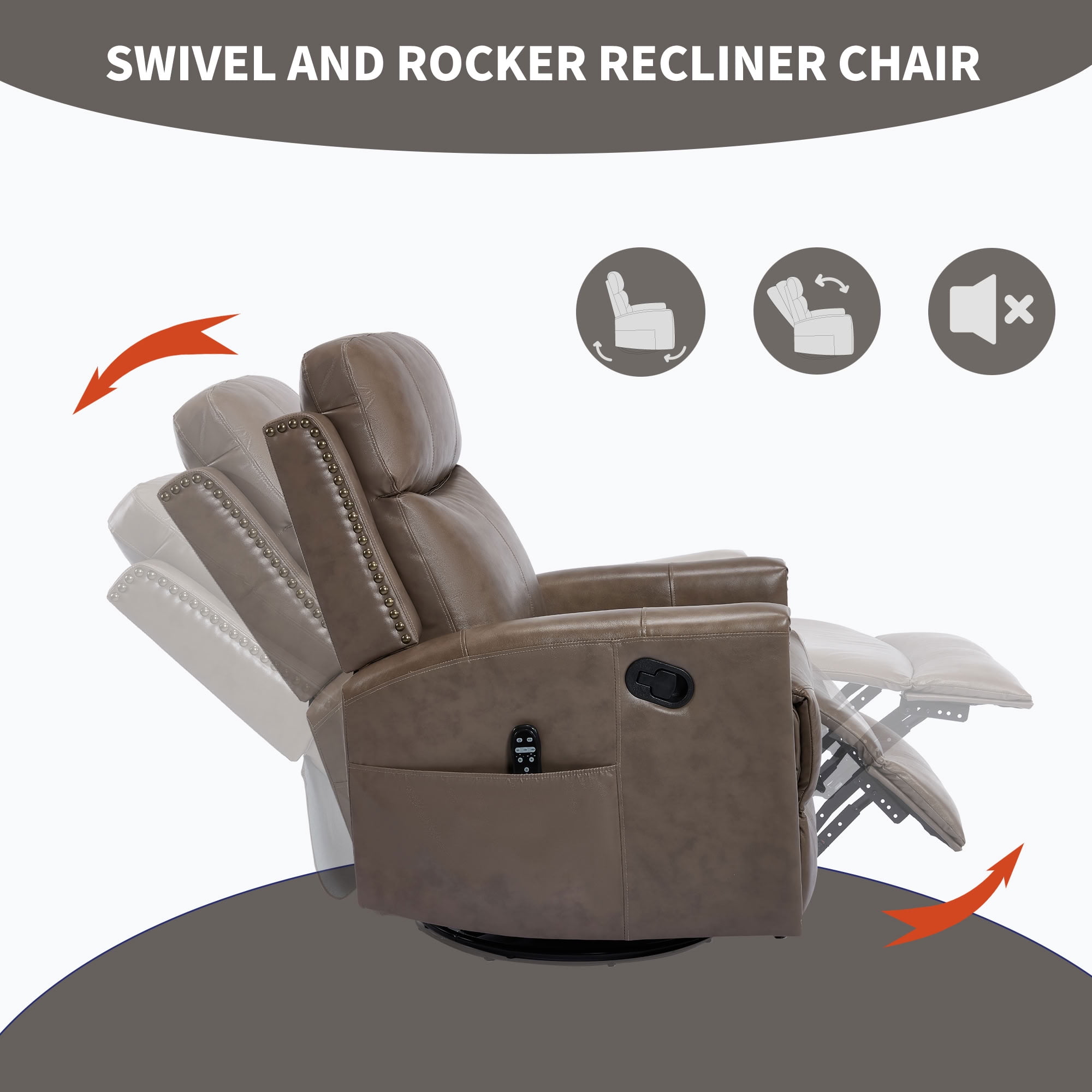 MAYEERTY Genuine Leather Swivel Recliner Chair, Manual Rocker Lounge Chair with 8-Point Massage & Lumbar Heat, for Living Room Home Theater