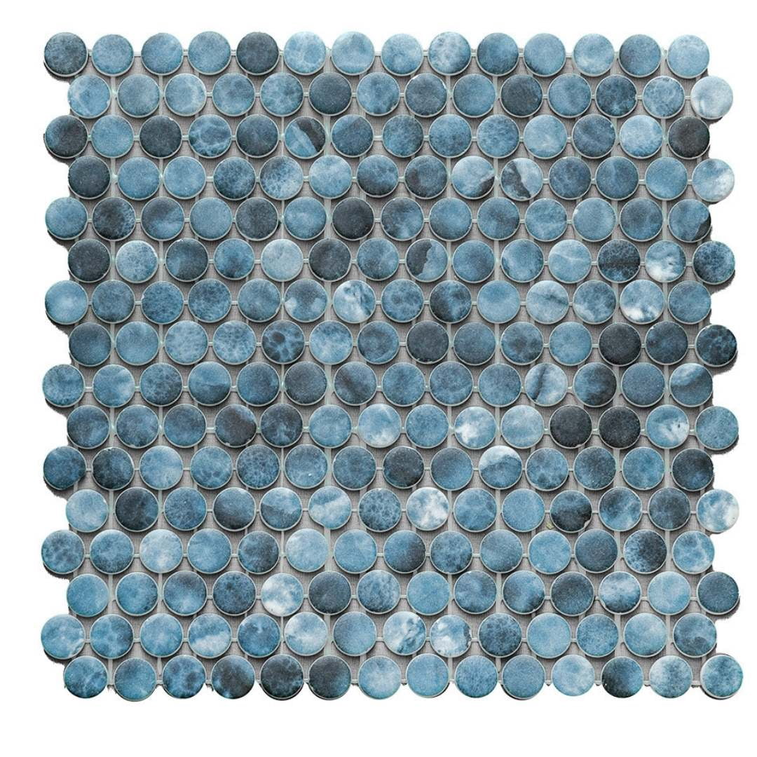 The Tile Life Eterna Penny 1" x 1" Onice Blue Glass Round Mosaic Floor and Wall Tile 1 Sheet