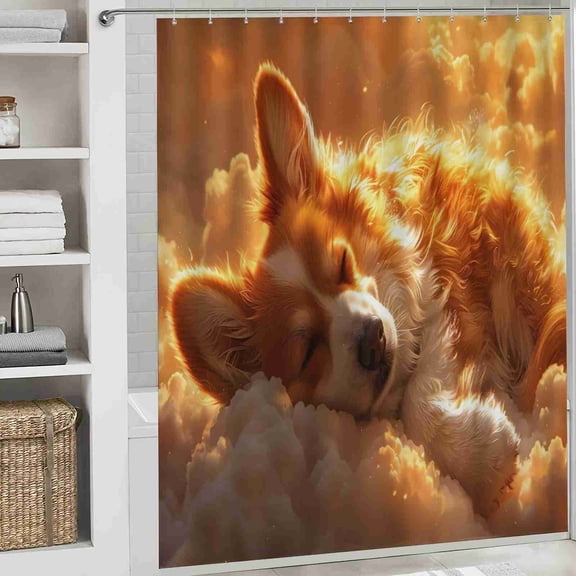 70x70 inch Cute Sleeping Corgi on Clouds Shower Curtain, Waterproof Polyester Fabric with Hooks for Bathroom Decor