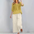 thumbnail image 6 of Linen Sets for Women 2 Piece Summer 2026 3/4 Sleeve Embroidered Boho Tops Wide Leg Pants Beach Vacation Outfits Lounge Wear,Yellow L, 6 of 7