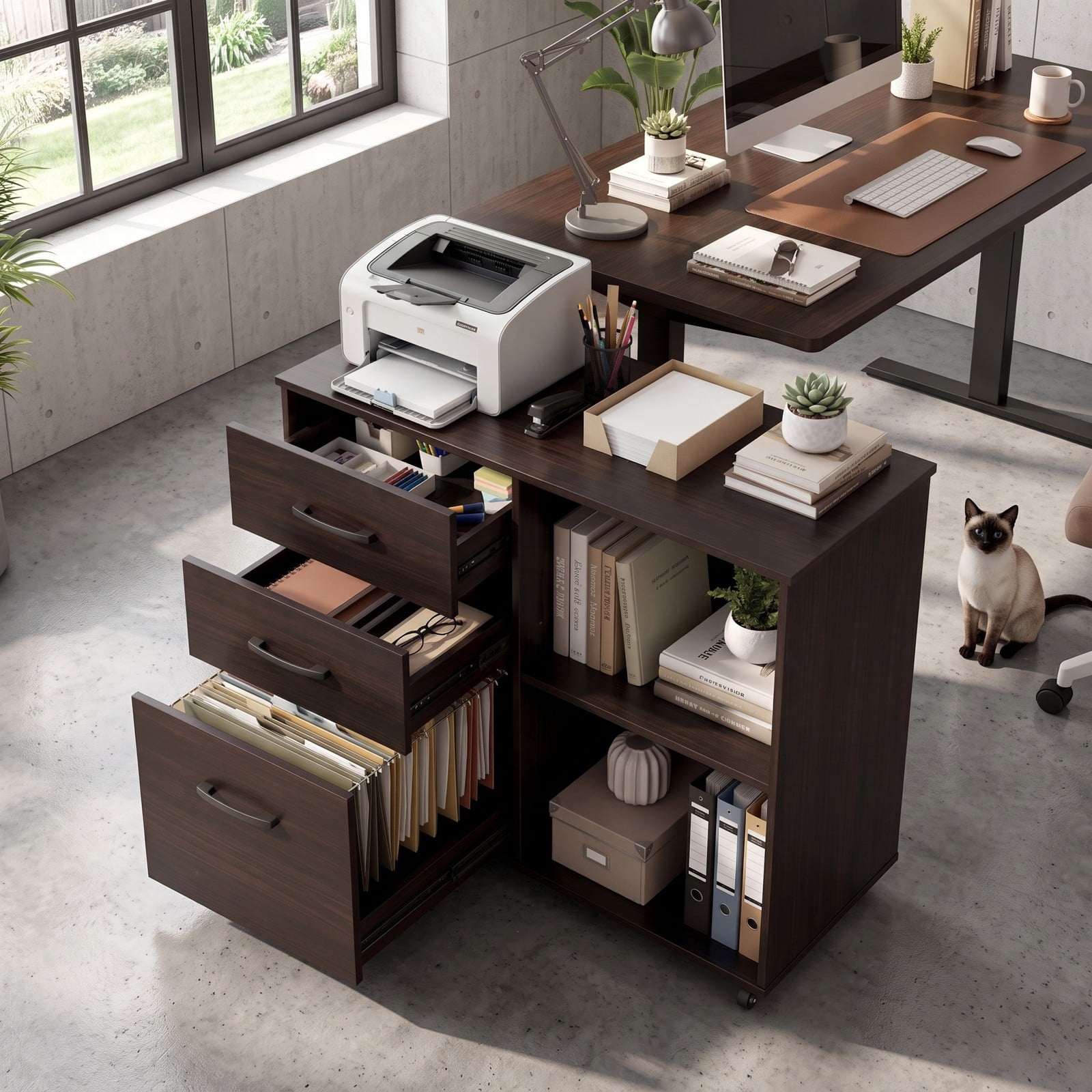 Furnibear 3-Drawer Mobile Lateral File Cabinet Printer Stand, Rolling Wood Filing Cabinet with Lockable Casters and Adjustable Shelf for Home Office, Fits, Dark Brown