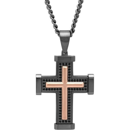 Men's Black and Rose Gold IP Stainless Steel Cubic Zirconia Cross with 24 Curb Chain - Mens Pendant