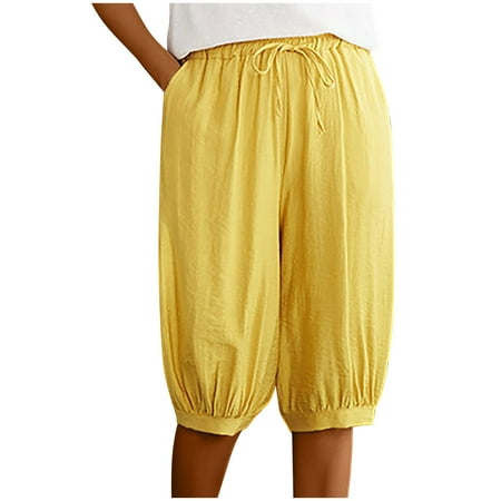

LIBRCLO Womens Linen Casual Elastic Waist Hiking Shorts Drawstring with Pockets Summer High Waist Pajama Shorts