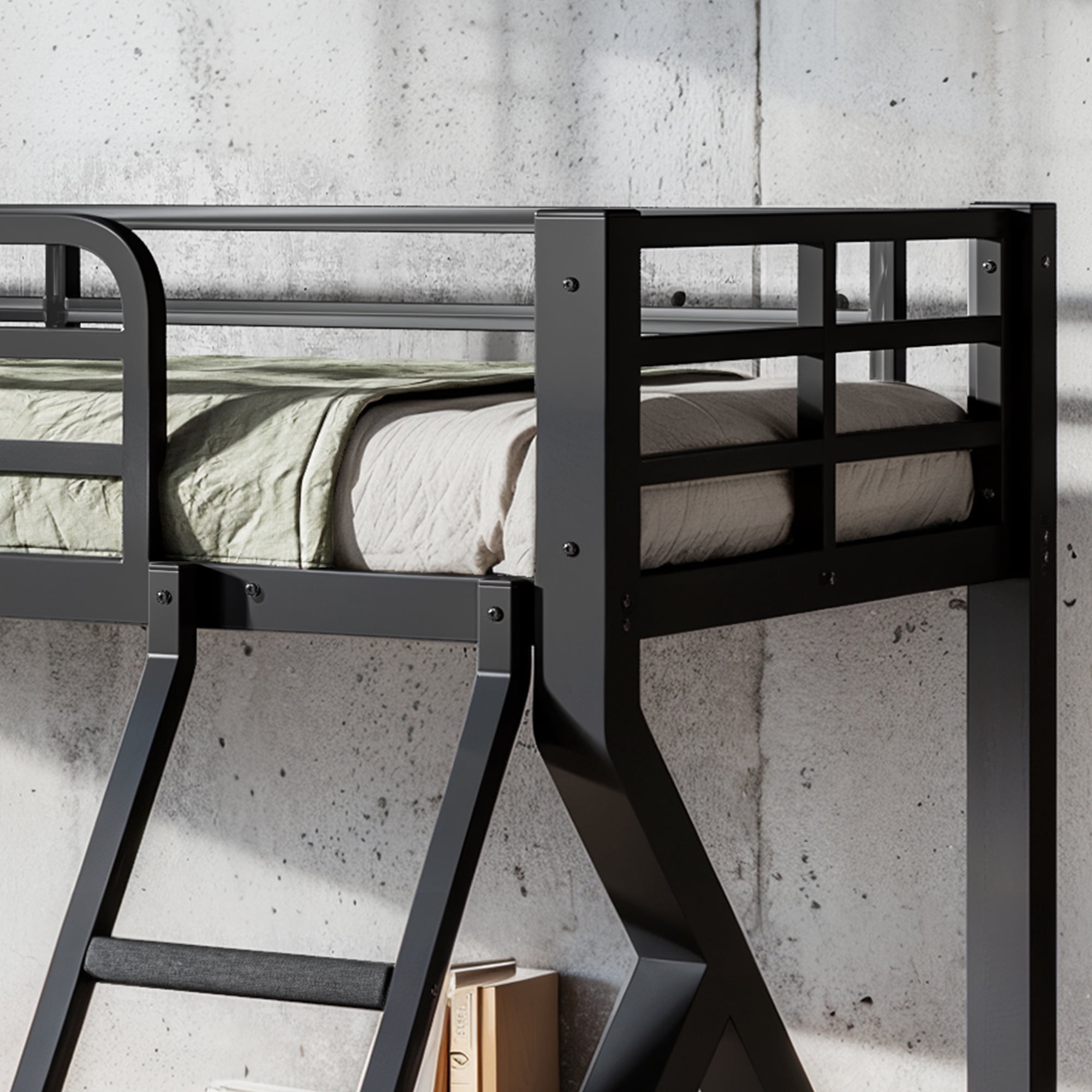 Leumius Twin XL over Queen Bunk Bed Frame with Ladders, Metal Bunk Bed with Full Upgraded Support Slats, Low Profile Bunk Bed for Teens Adults Black