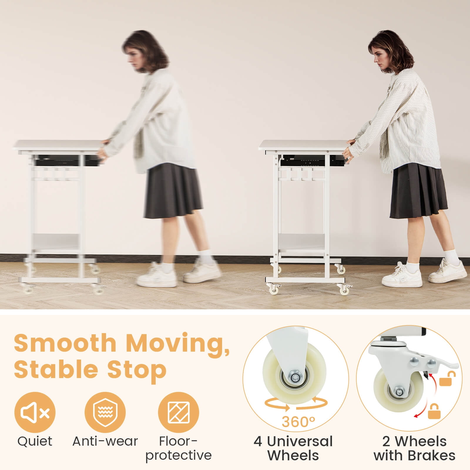 Costway Mobile Laptop Desk with Keyboard Tray, Lower Shelf, 3 Hooks, 4 Universal Wheels White
