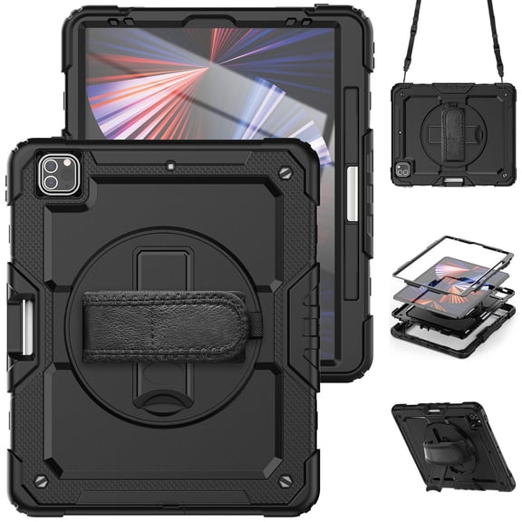 For iPad Pro 12.9 inch Case (2022/2021/2020/2018), 360 Rotating Shockproof Cover with Stand, Screen Protector, Shoulder Strap, Black