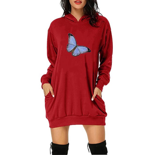 Offres du Vendredi Fou 2022! TopLLC Robes de Noël pour Femmes Robe Imprimée Joyeux Noël avec Poche Manches Longues Sweat à Capuche Robe Midi Évasée Décontractée, Cadeaux de Noël pour Femmes