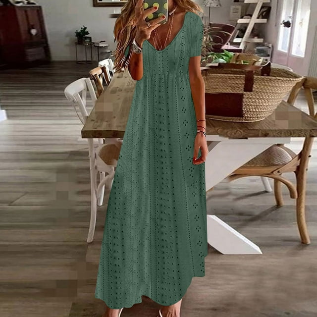 Meichang Robes à Oeillets pour Femmes Col en V Manches Courtes Robes Maxi Unies Coupe Ample Longues Robes Évasées Plage Vacances Robes