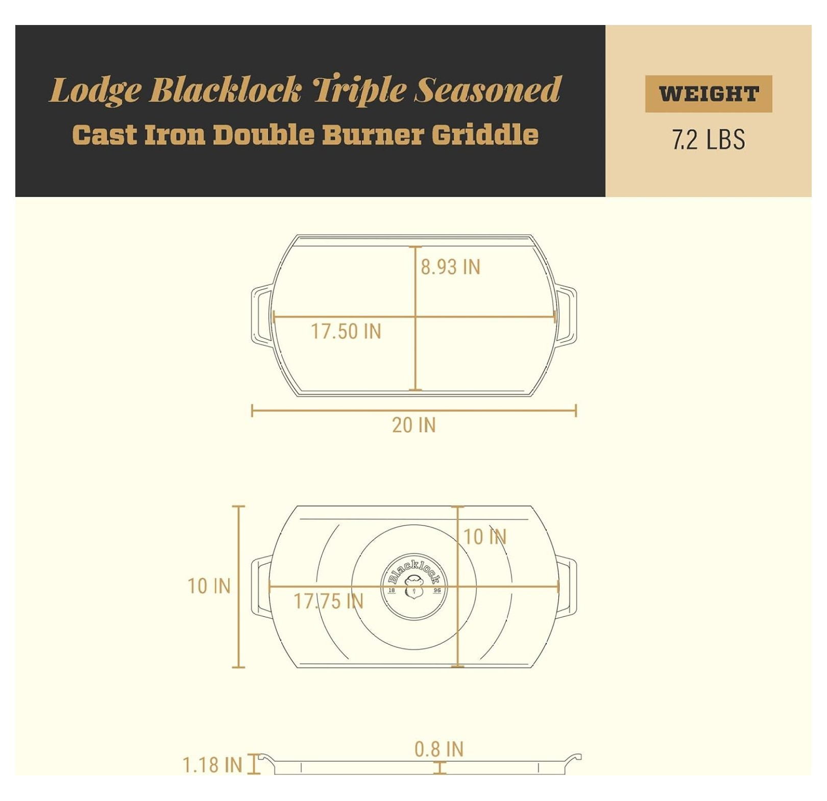Cast Iron Blacklock Double Burner Rectangular Griddle - 10 in x 20 in