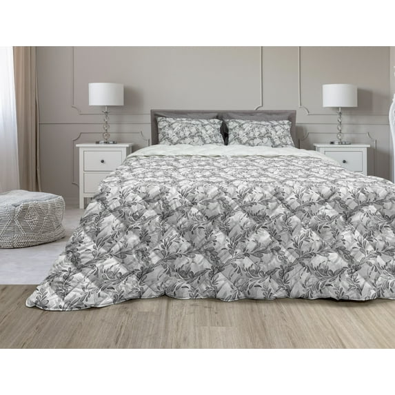 Grunge Comforter & Sham Bedding Set, Monochrome Line Art Style Leaves Natural Floral Pattern Sketchy Modern Design, 3 pcs Duvet Set Microfiber Filling Quilt, 5 Sizes, White Black Grey, by Ambesonne