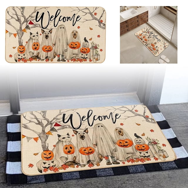 TIELUTT Halloween Welcome Doormat Dog Pumpkin Front Door Mat Non Door Rugs Indoor Outdoor Carpet Floor Mat Fall Blanket Throw Colorful Knit Blanket Soft Blanket Throws Rug Furry Barefoot Blankets