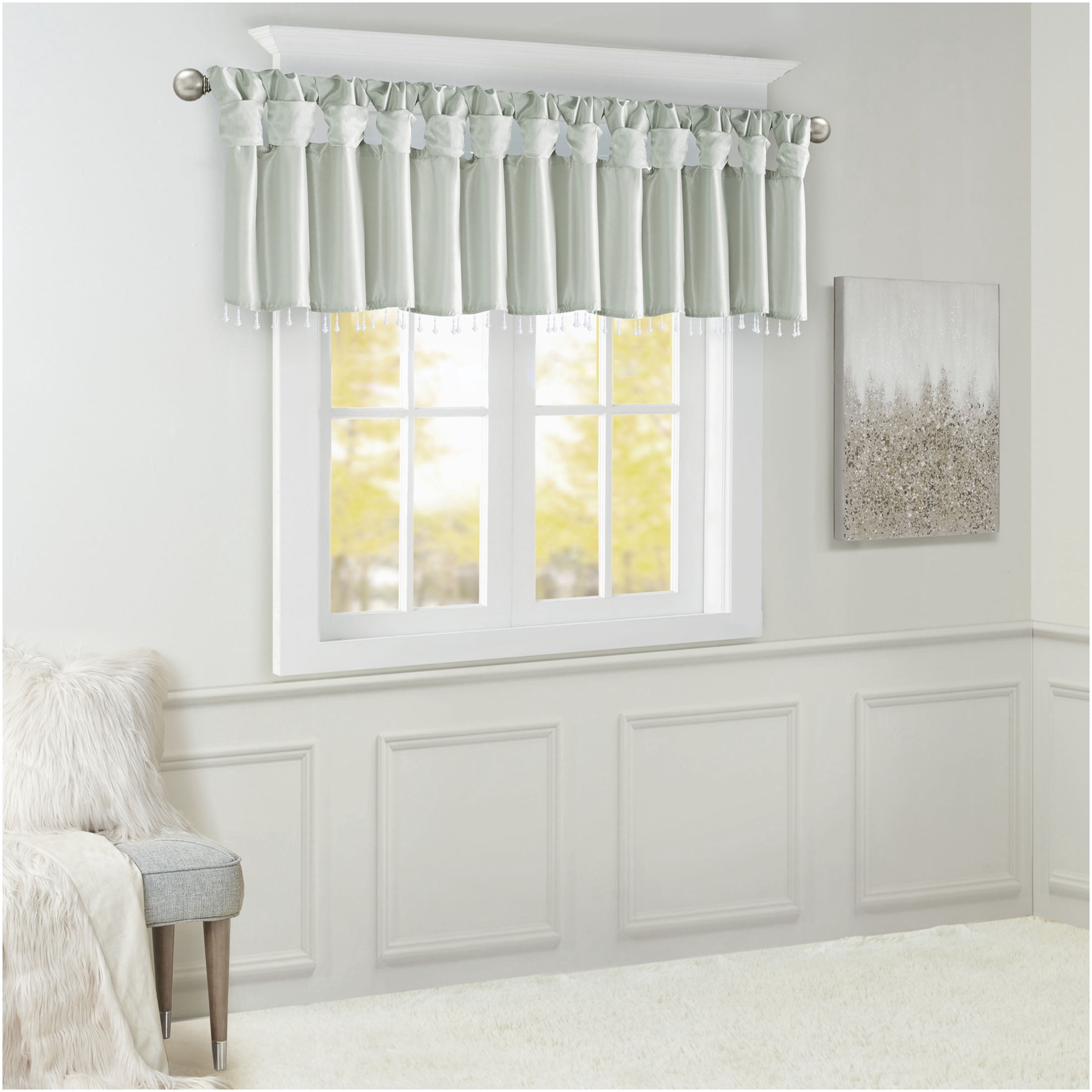 JERFIT Faux Silk Window Valance with Beaded Trim, Dusty Aqua Tab Top Curtain for Living Room, 50x26 Inches