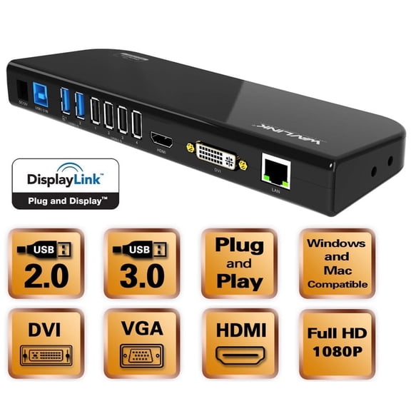 WAVLINK 1080P Laptop Docking Station, USB to HDMI/DVI/VGA  Dock with Gigabit Ethernet, 6 USB Port, Compatible with MacBook Neo
