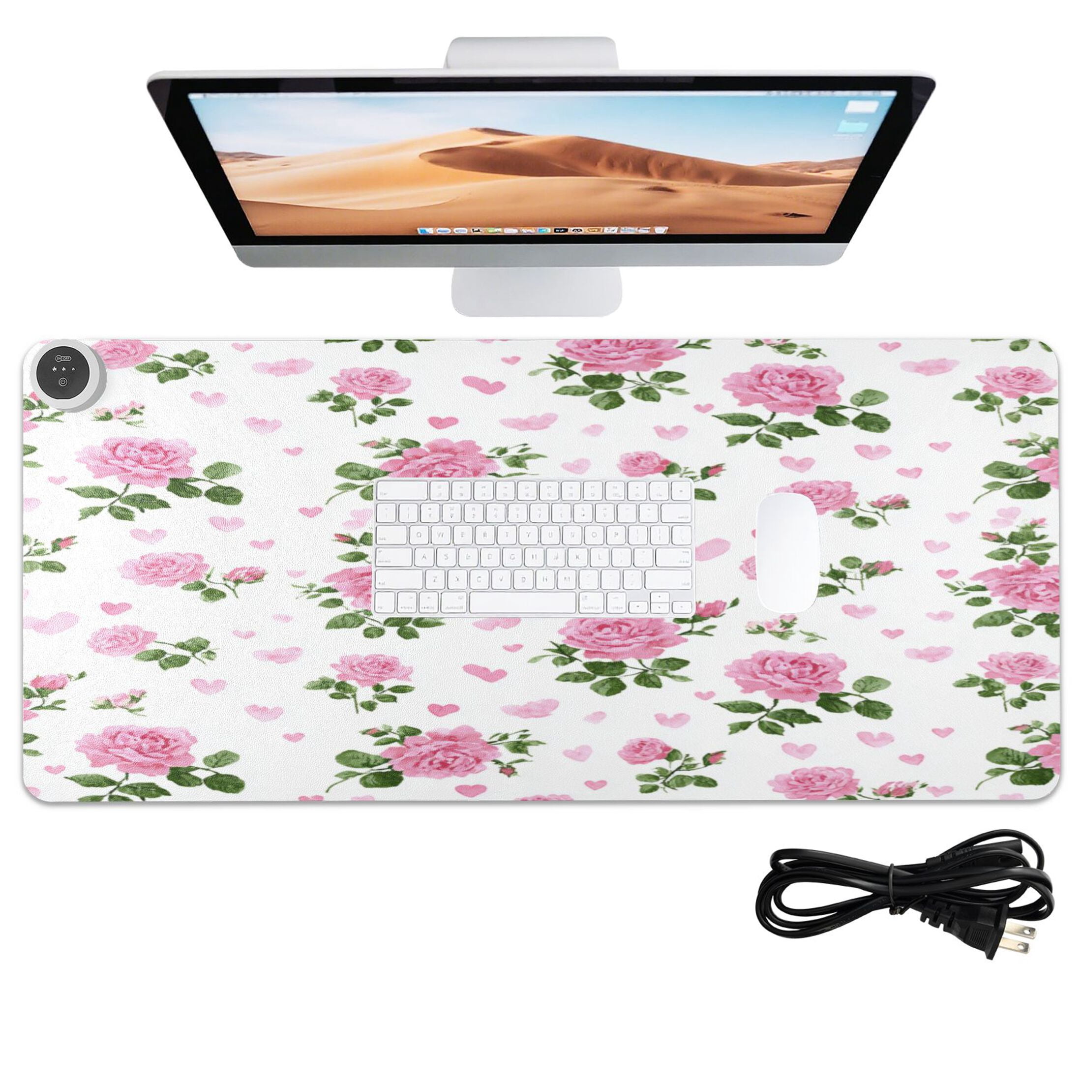 Large Heated Desk Mat Mouse Pad 31.5"x13"PU Leather Graphene Heating Desk Warmer with 3 Temperature Settings 110V US Plug Non-Slip Warm Pad for Home, Office, and Gaming Lovely Rose Heart Pattern